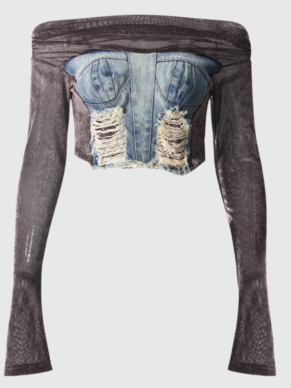 Off-Shoulder Distressed Denim Bustier Top in Black and Light Blue - Picture 5 of 5